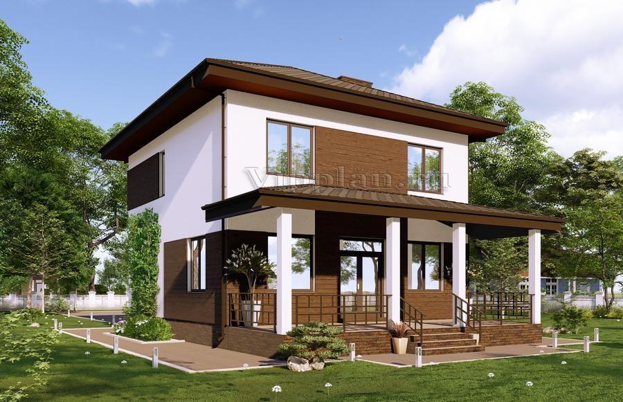 Двухэтажный дом с двумя террасами, крыльцом и 4 спальнями.